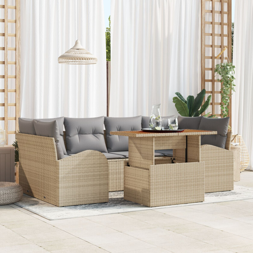 7-delt Hage Dining Set med puter Beige Poly Rottig Akacia