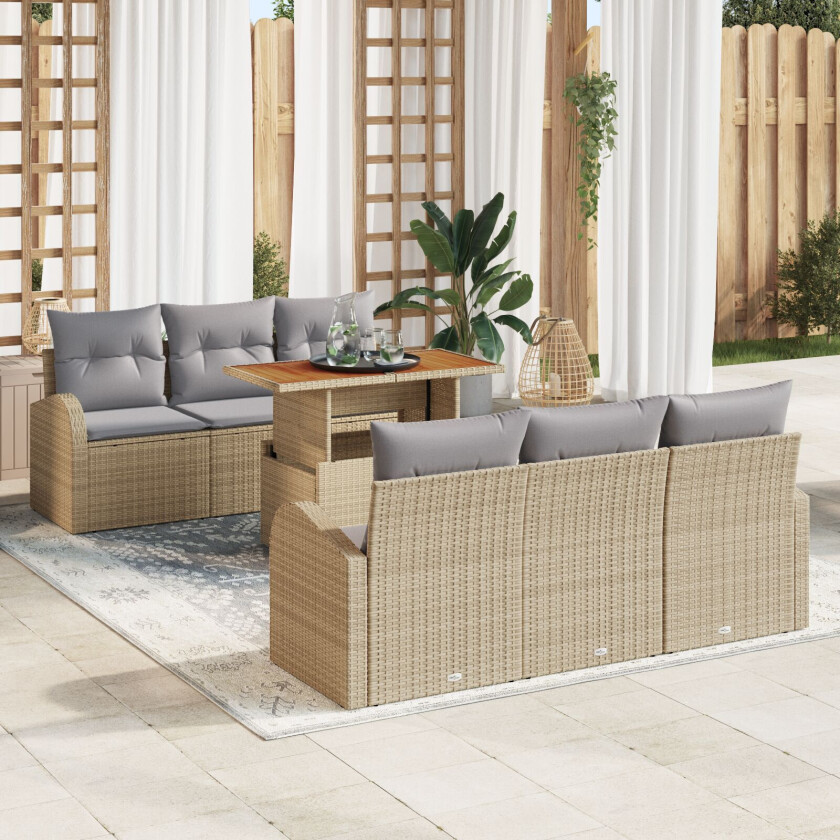 7 Delt Hage Spisesett med Puter Beige Poly Rattan Akacia