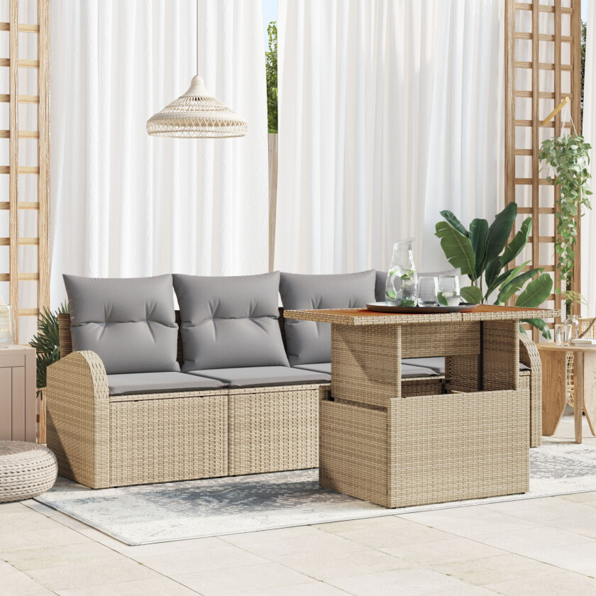 5-delt hagemøbelsett med puter, Beige, Poly Rattan, Akacia