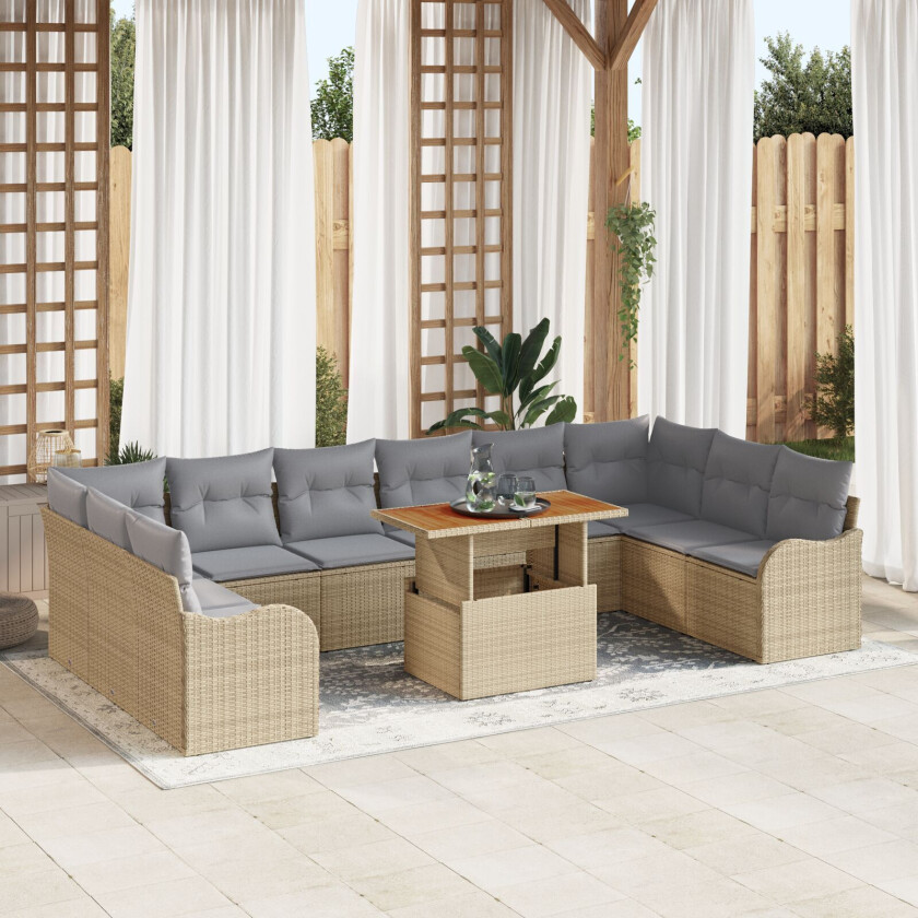 11 Delers Hagesofa Set Med Puter Beige Poly Rottning, 2-seters Hagesofa Med Oppbevaring & Puter Beige Poly Rottning