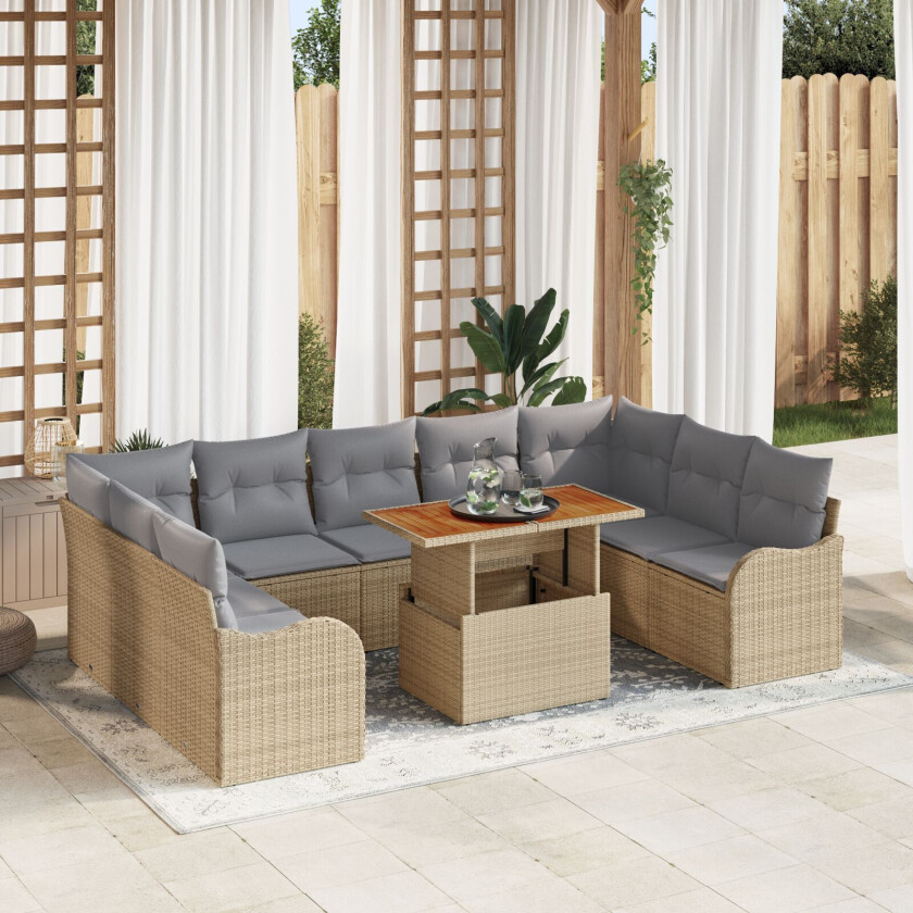 10 Delers Hage Sofa Sett med Puter Beige Poly Rattan Akacia, 2-seters Hage Sofa med Puter Beige Poly Rattan