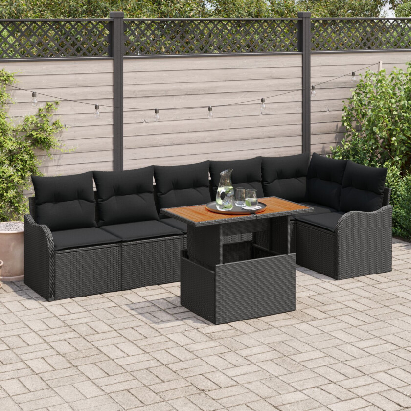 7 Delt Hage Sofa Set med Puter Svart Poly Rattan, 2-seters Hage Sofa med Oppbevaring & Puter Svart Poly Rattan