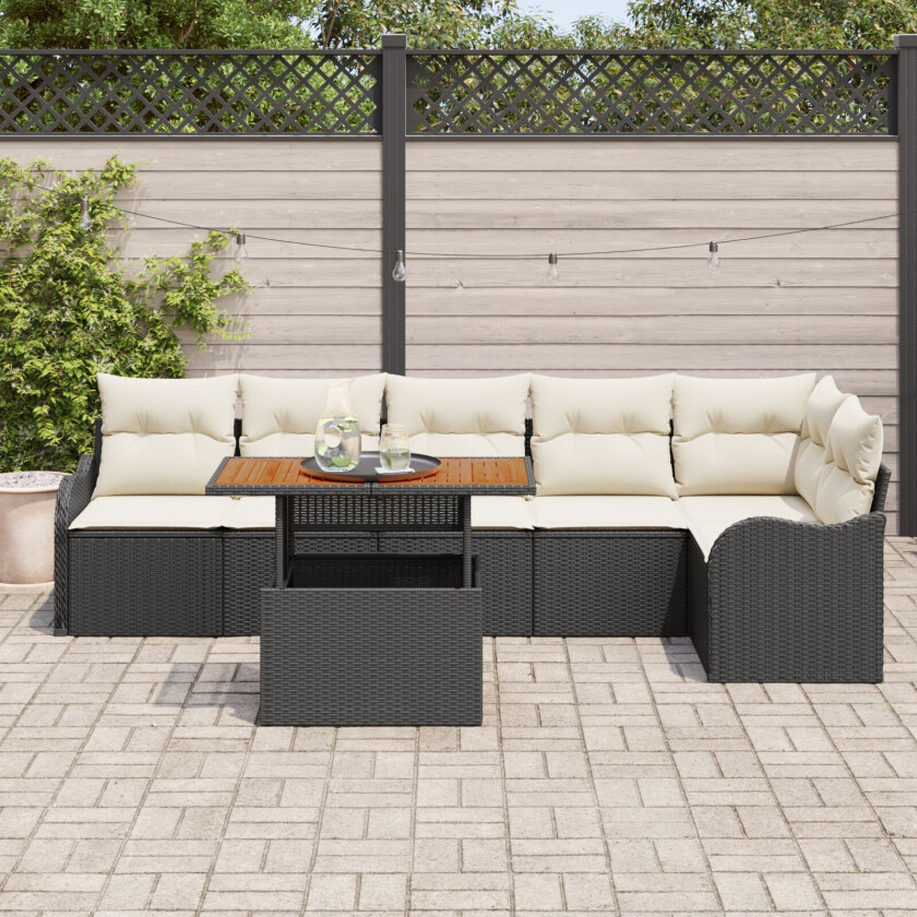 7 Piece hagesofa-sett med puter svart poly rattan, 2-seters hagesofa med oppbevaring & puter svart poly rattan