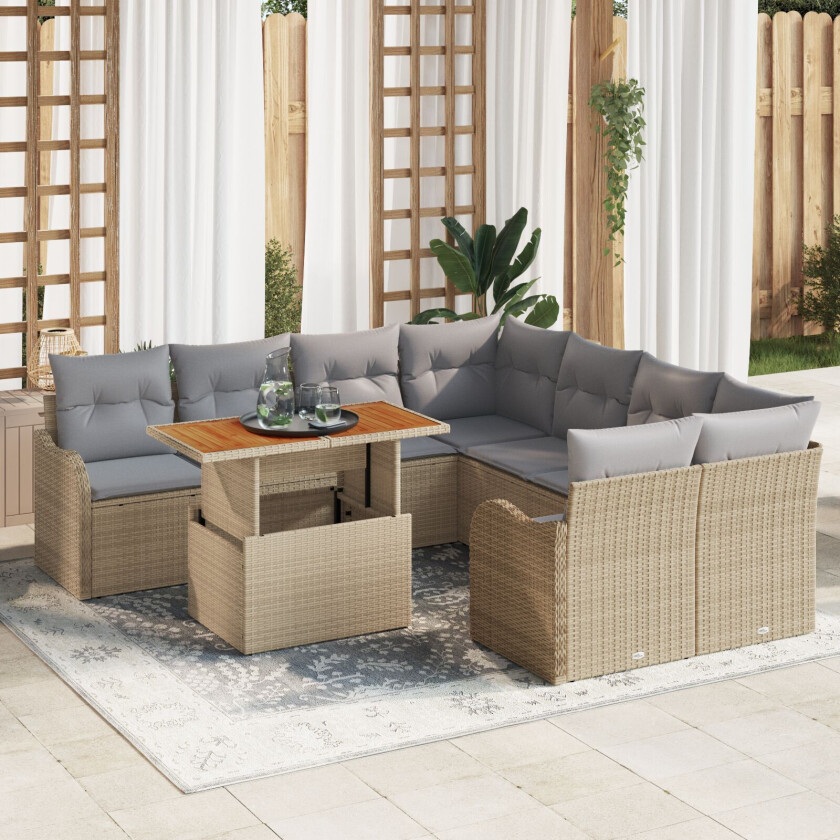 9-delt hagesofa-sett med puter Beige Poly Rattan, 2-seters hagesofa med puter Beige Poly Rattan
