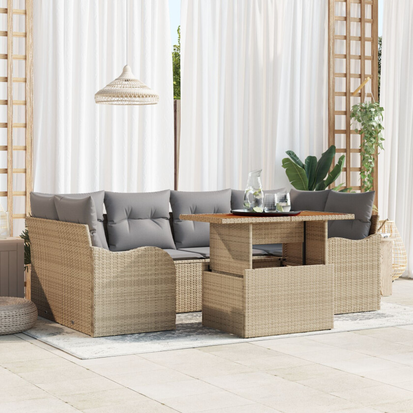 7 Biters Hagesofa Sett med Puter Beige Poly Rattan Akacia, 2-seters Hagesofa med Puter Beige Poly Rattan