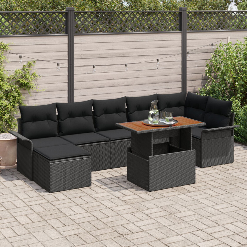 8 Delt Hage Sofa Set med Puter Svart Poly Rattan, 2-seter Hagesofa med Oppbevaring & Puter Svart Poly Rattan
