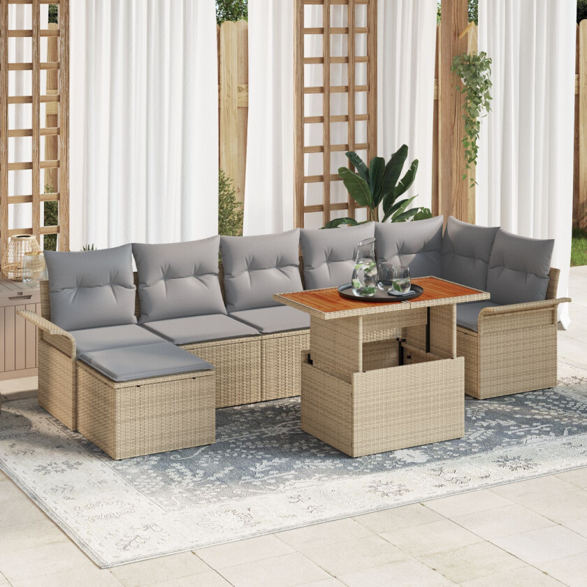 8 Delers Hagesofa Set med Puter Beige Poly Rattan, 2-seters Hagesofa med Lagring & Puter Beige Poly Rattan