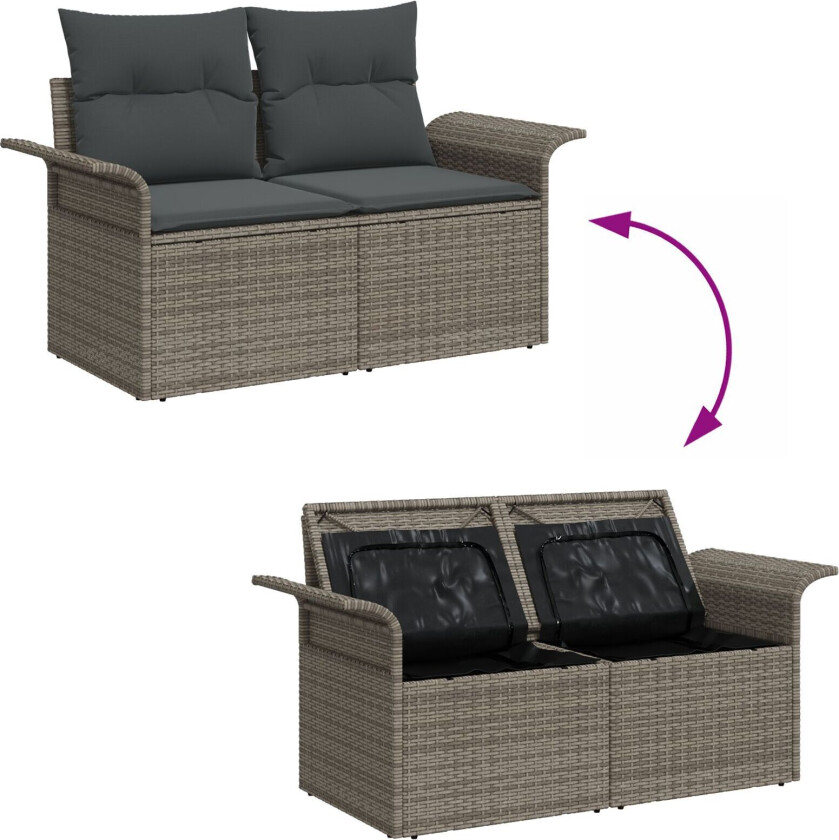 6-delt hagesofa sett med puter grå poly rattan, 2-seters hagesofa med lagring og puter grå poly rattan