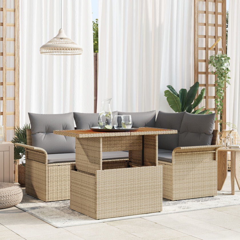 5-delt Hagesofa Set med Puter Beige Poly Rotting, 2-seters Hagesofa med Oppbevaring & Puter Beige Poly Rotting