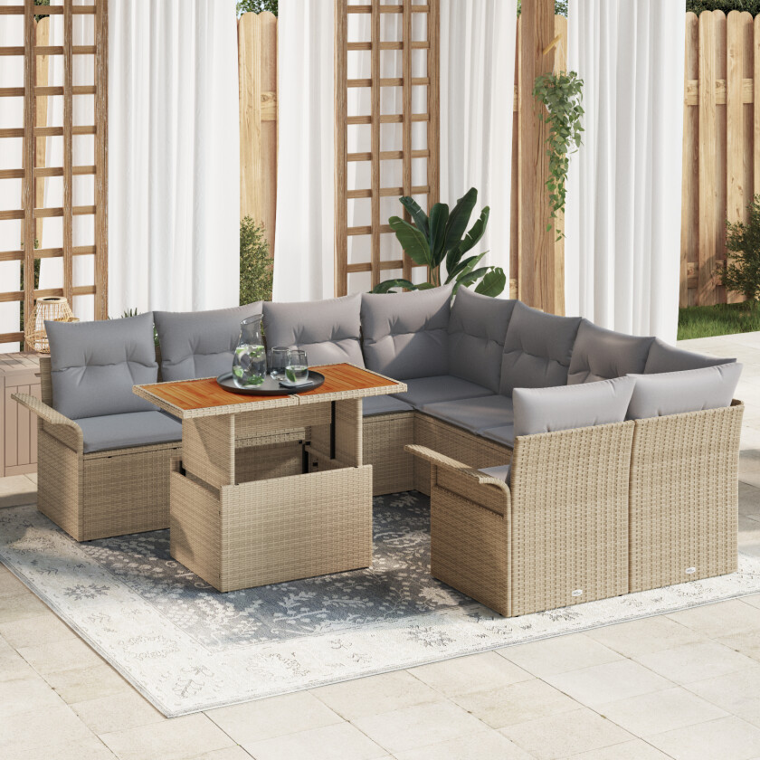 9 Delt Hagemøbelsett med Puter i Beige Poly Rattan, 2-seters Hagesofa med Oppbevaring & Puter i Beige Poly Rattan