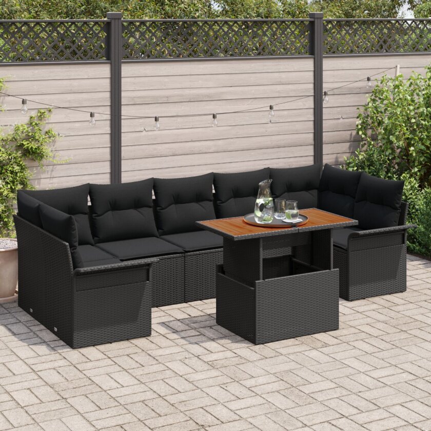 8 Delt Hage Sofa Sett med Puter Svart Poly Rattan, 2-seter Hage Sofa med Lager & Puter Svart Poly Rattan