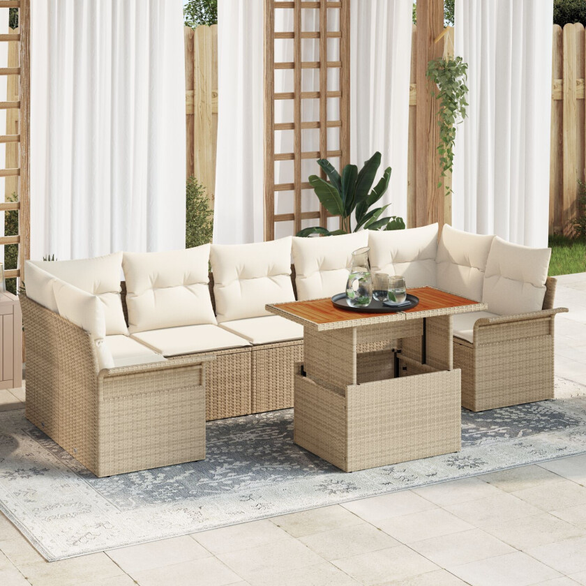 8 Delt Hage Sofa-sett med Puter Beige Poly Rattan, 2-seter Hage Sofa med Lagring & Puter Beige Poly Rattan