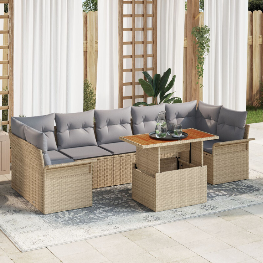 8-delt hagemøbelsett med puter beige poly rattan, 2-seters hagesofa med oppbevaring og puter beige poly rattan