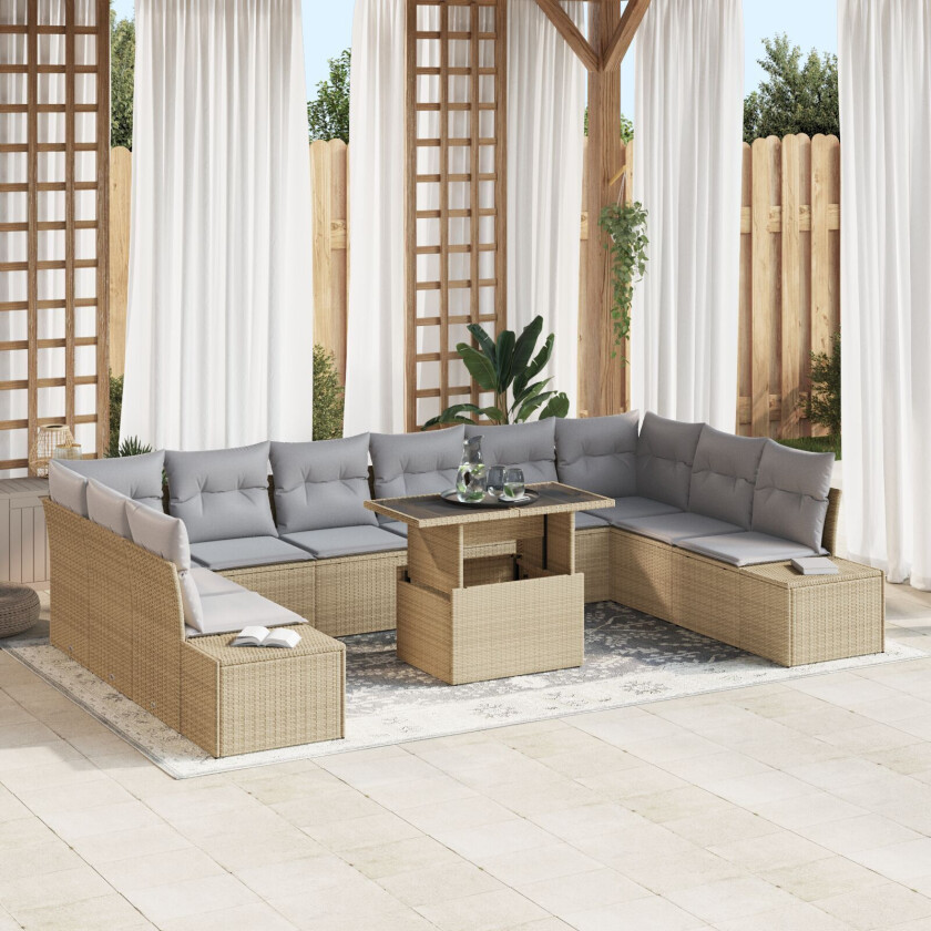 11 Delt Hagesofa Set med Puter Beige Poly Rattan