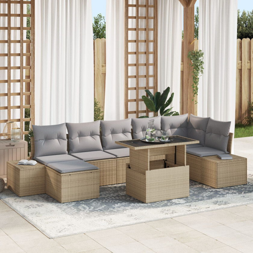 8 Piece Hagemøbelsett med Puter Beige Poly Rattan