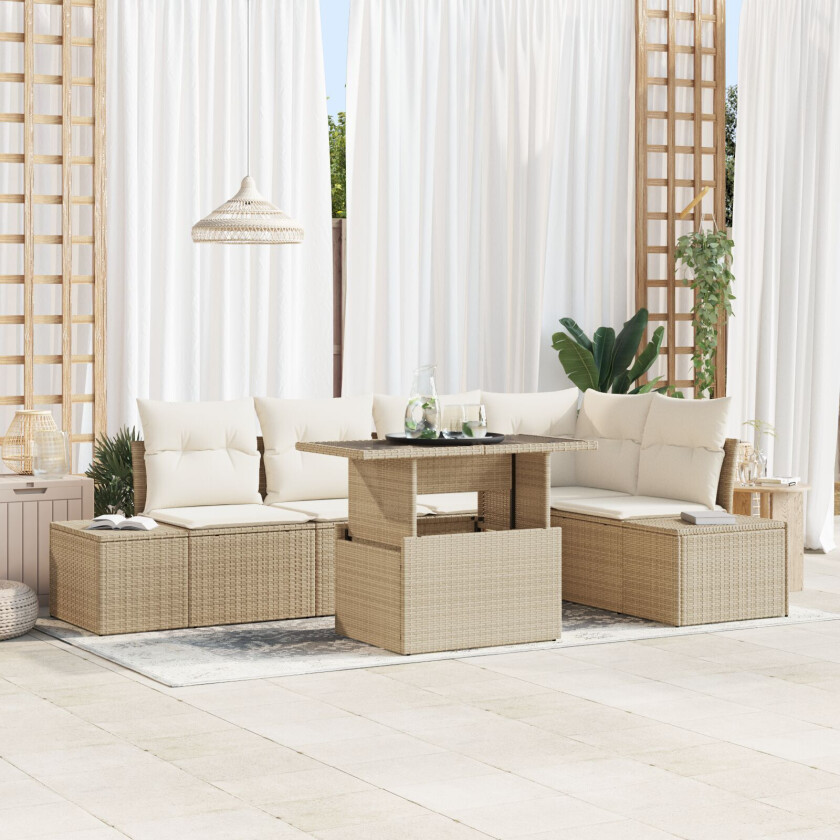 6-delt Hagesofa-sett med puter Beige Poly Rattan