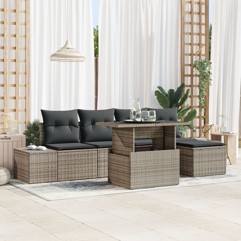 6 Delt Hage Sofa Set med Puter Grå Poly Rattan