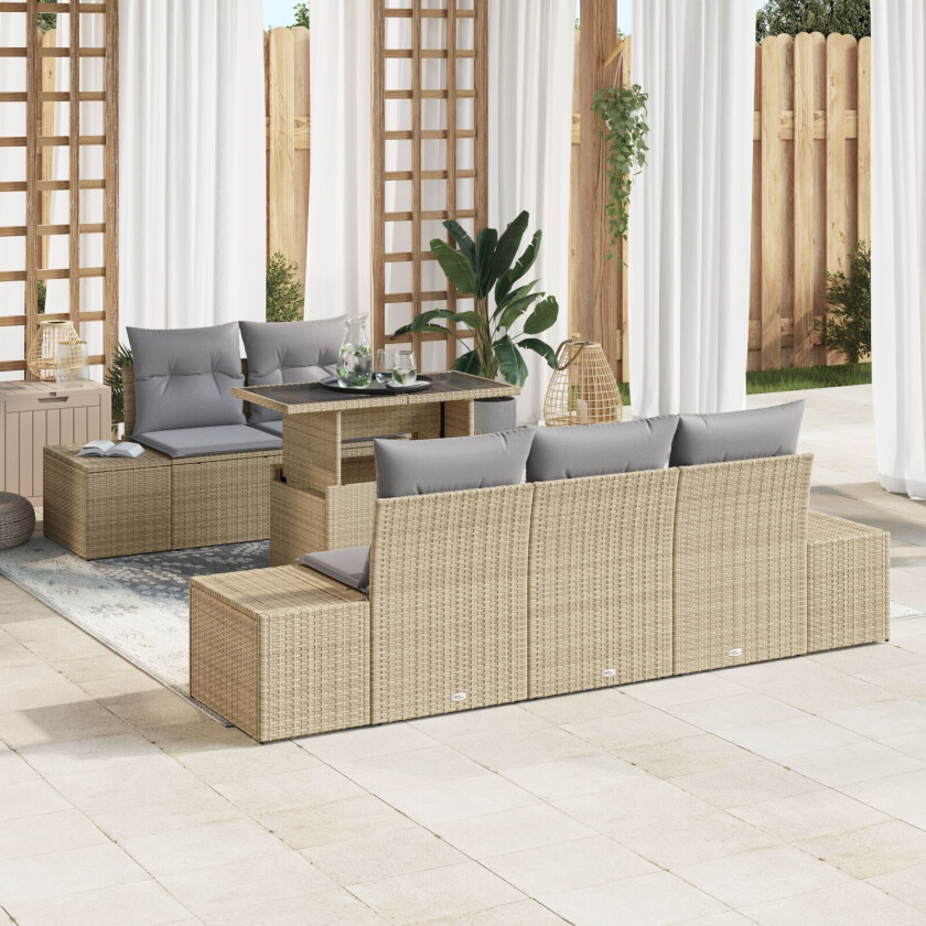 6 Delt Hagesofa Sett med Puter Beige Poly Rattan