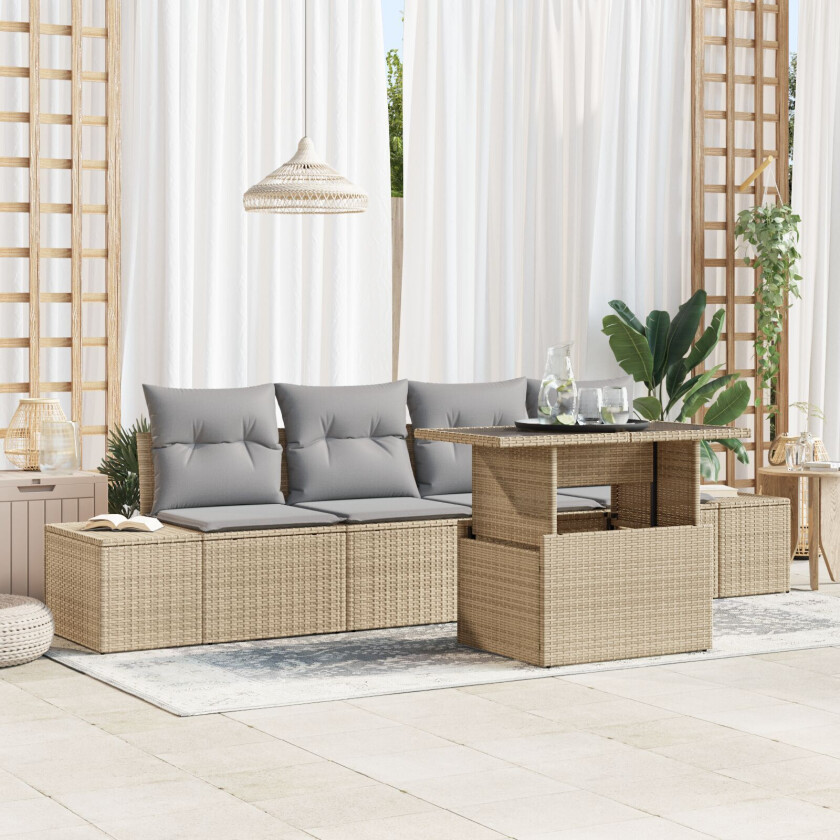 5 Delers Hage Sofa Sett med Puter - Beige Poly Rattan