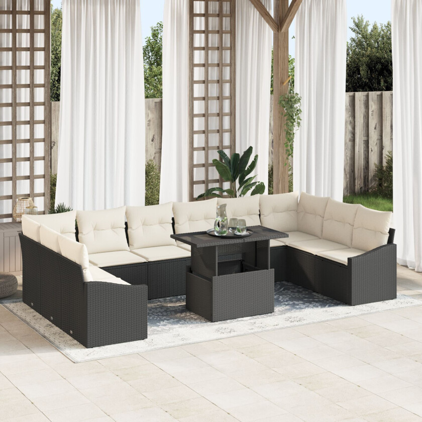 11 Delt Hagesofa Set med Puter Svart Poly Rattan