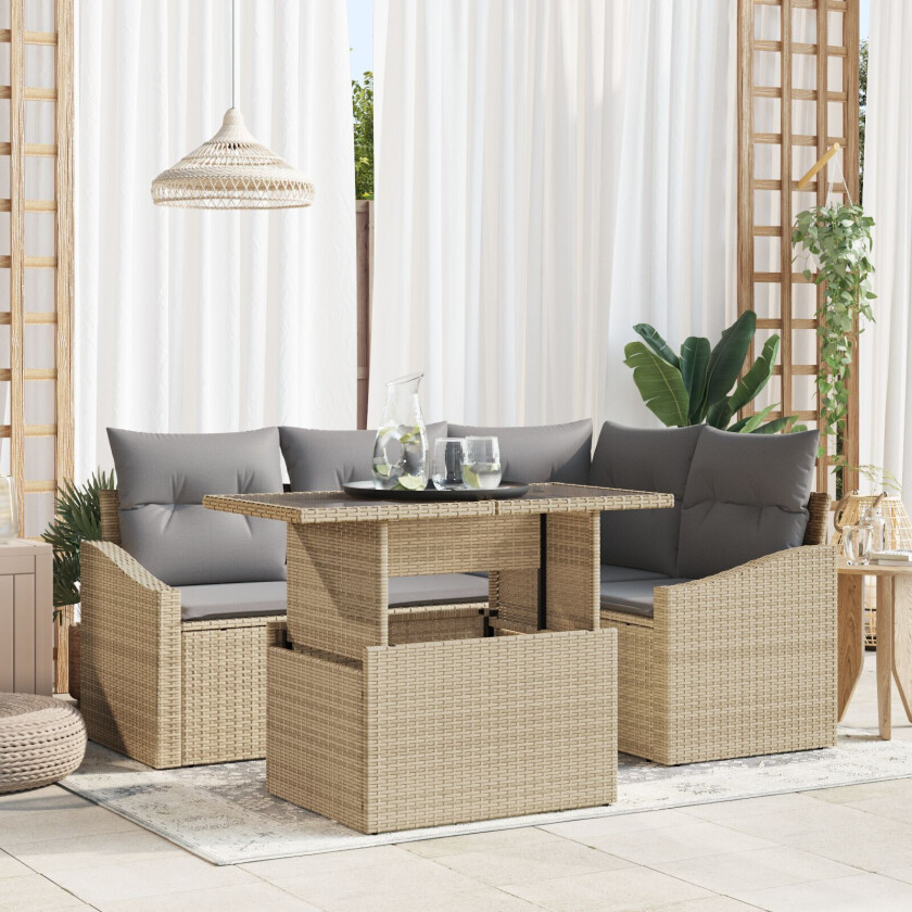 5 Delers Hagemøbelsett medputer Beige Poly Rattan