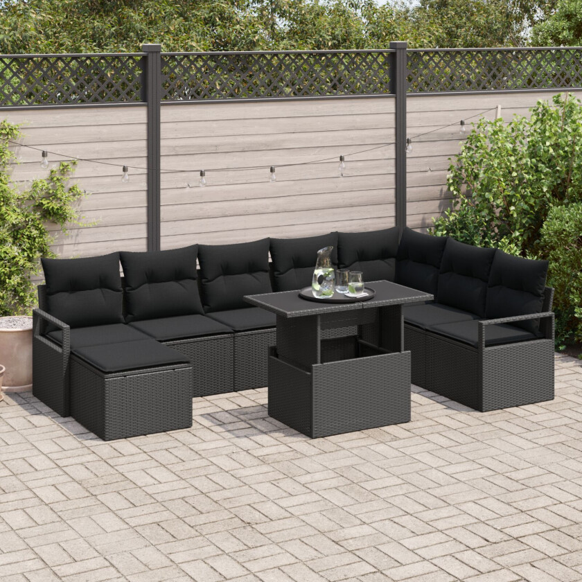 9 Delt Hage Sofa Set med Puter Svart Poly Rattan, 2-seters Hage Sofa med Puter Svart Poly Rattan