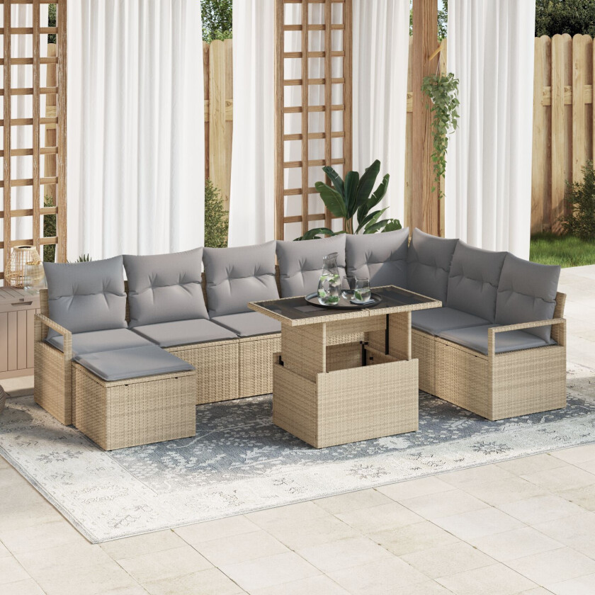 9 Delt Hagesofa Set med Puter Beige Poly Rattan, 2-seters Hagesofa med Puter Beige Poly Rattan