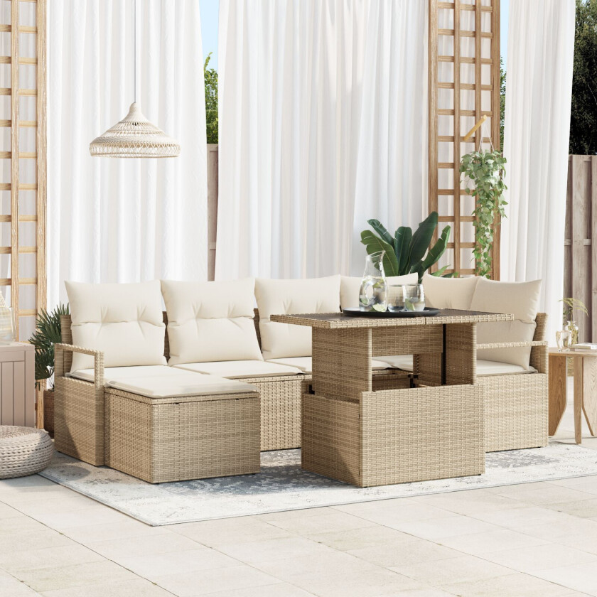 7-Delt Hage Sofa Set med Puter Beige Poly Rattan, 2-seters Hage Sofa med Oppbevaring & Puter Beige Poly Rattan