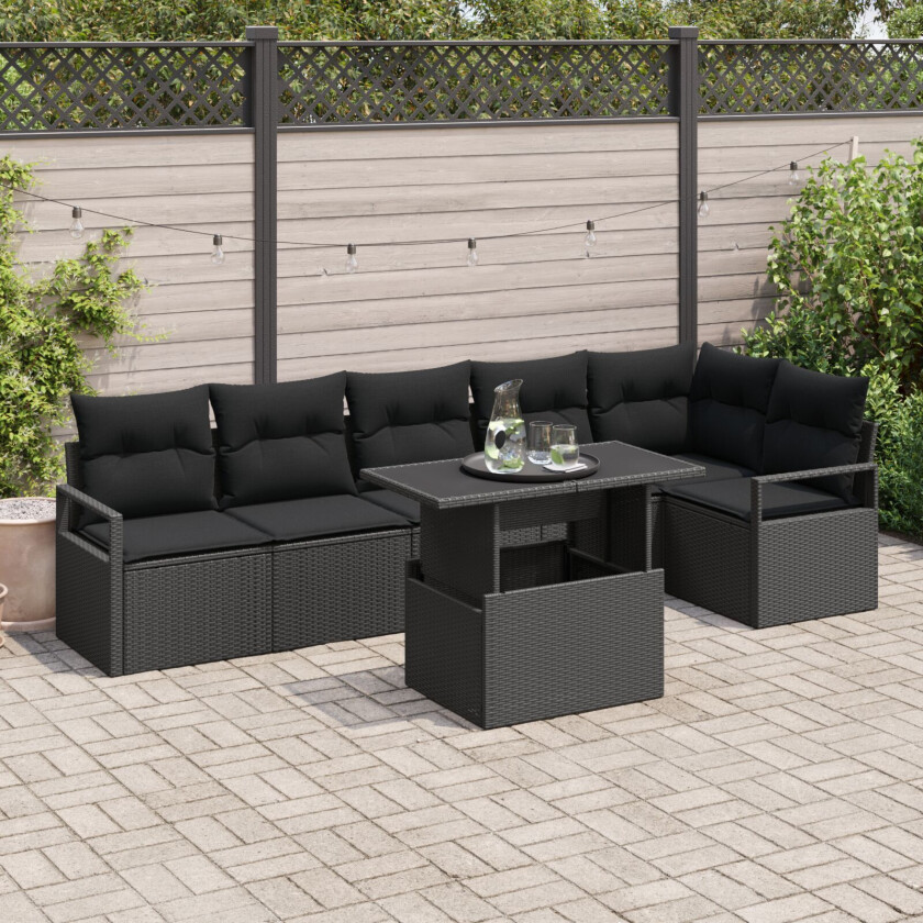 7 Delt Hage Sofa Set med puter Svart Poly Rattan, 2-seters Hage Sofa med Oppbevaring & Puter Svart Poly Rattan