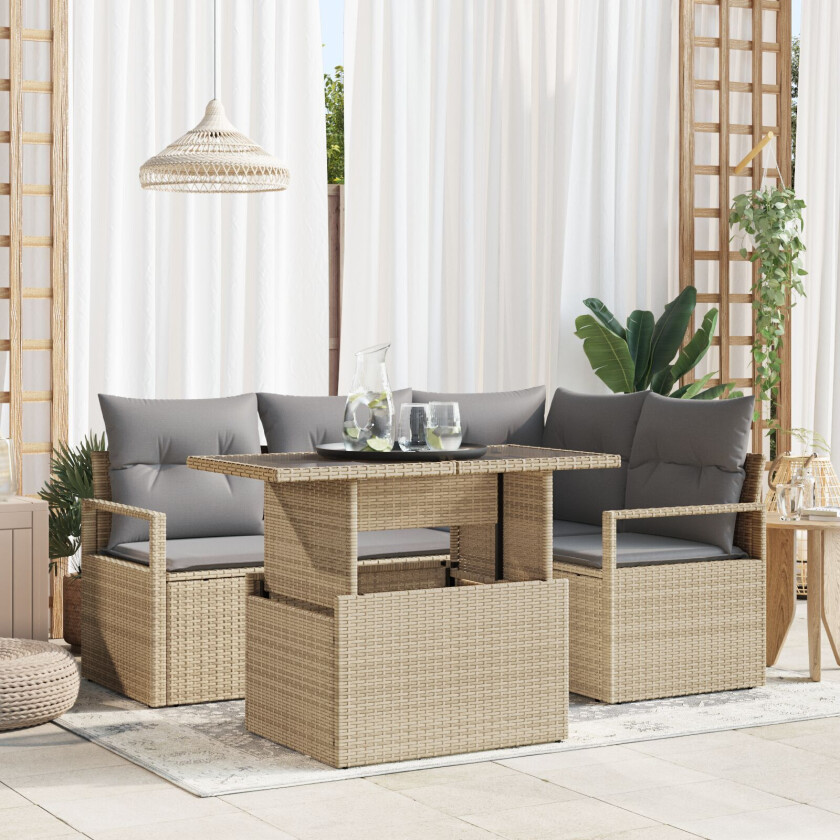 5 Delers Hagesofa Sett med Puter Beige Poly Rattan, 2-seters Hagesofa med Puter Beige Poly Rattan