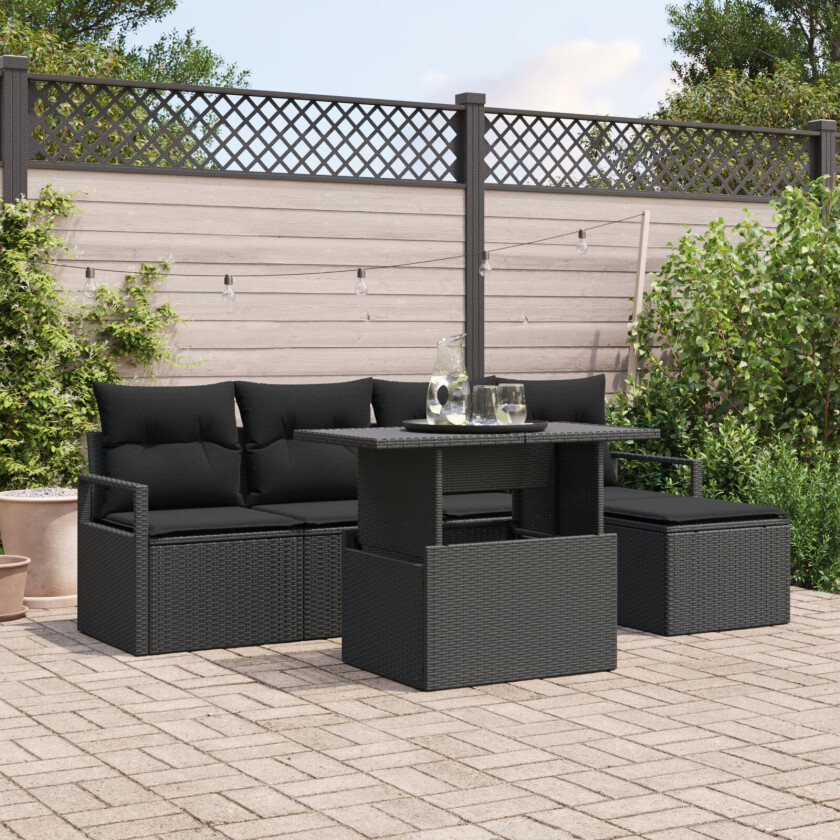 6 Delt Hage Sofa Sett med Puter Svart Poly Rotting, 2-seters Hage Sofa med Lagring & Puter Svart Poly Rotting