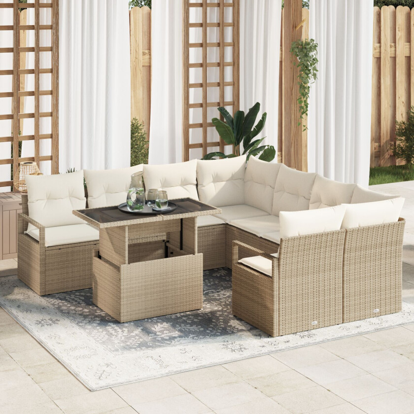 9 Delt Hage Sofa Sett med Puter Beige Poly Rattan, 2-seters Hage Sofa med Puter Beige Poly Rattan