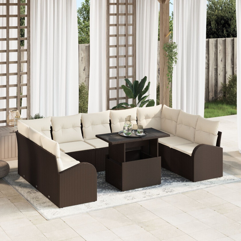 10 Delt Hagesofa Set med Puter Brun Poly Rattan