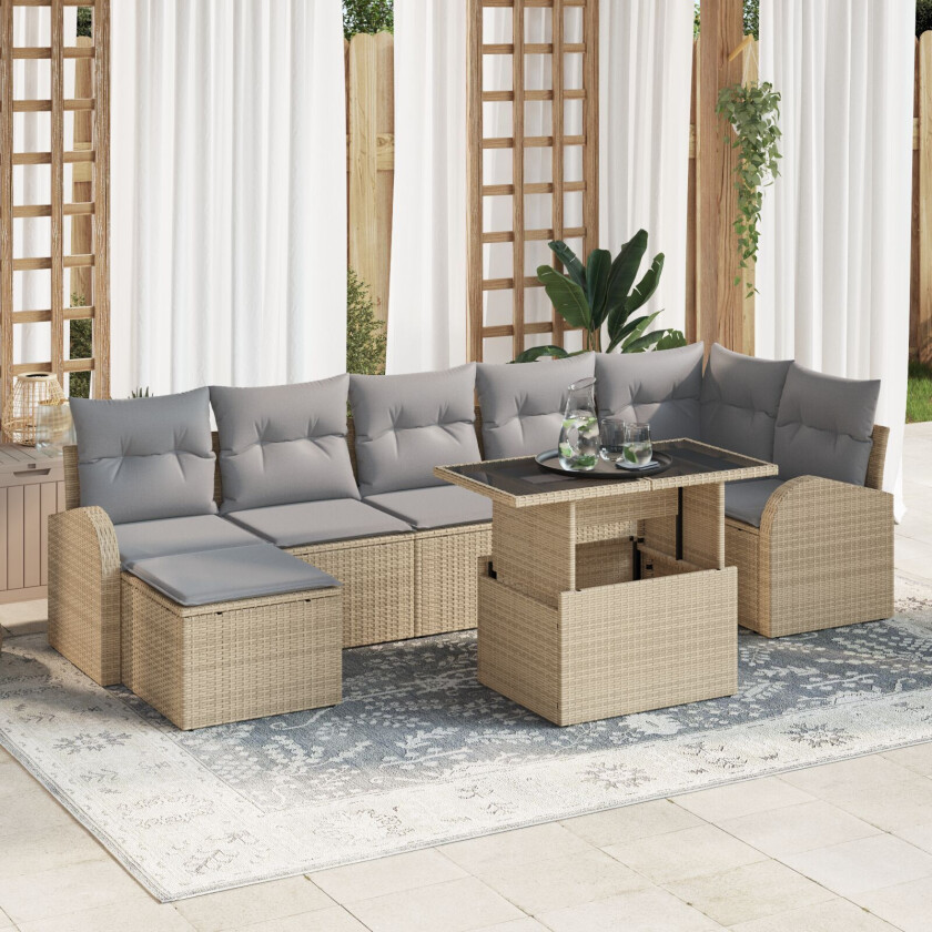 8-delt hage sofa sett med puter beige poly rattan, 2-seter hage sofa med lagring og puter beige poly rattan