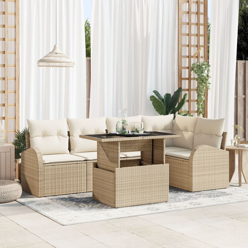 6 Delt Hagesofa Sett med Puter Beige Poly Rattan, 2-seters Hagesofa med Oppbevaring og Puter Beige Poly Rattan