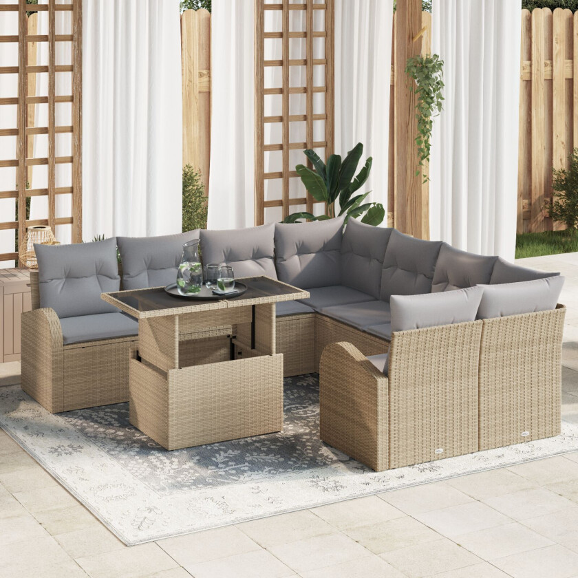 9-dels hagesofa-sett med puter Beige Poly Rattan