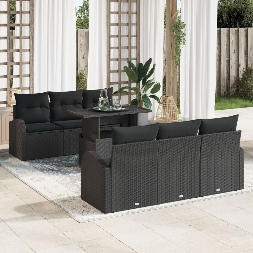 7-delt Hage Sofa Set med Puter Svart Poly Rottin, 2-seters Hage Sofa med Oppbevaring & Puter Svart Poly Rottin