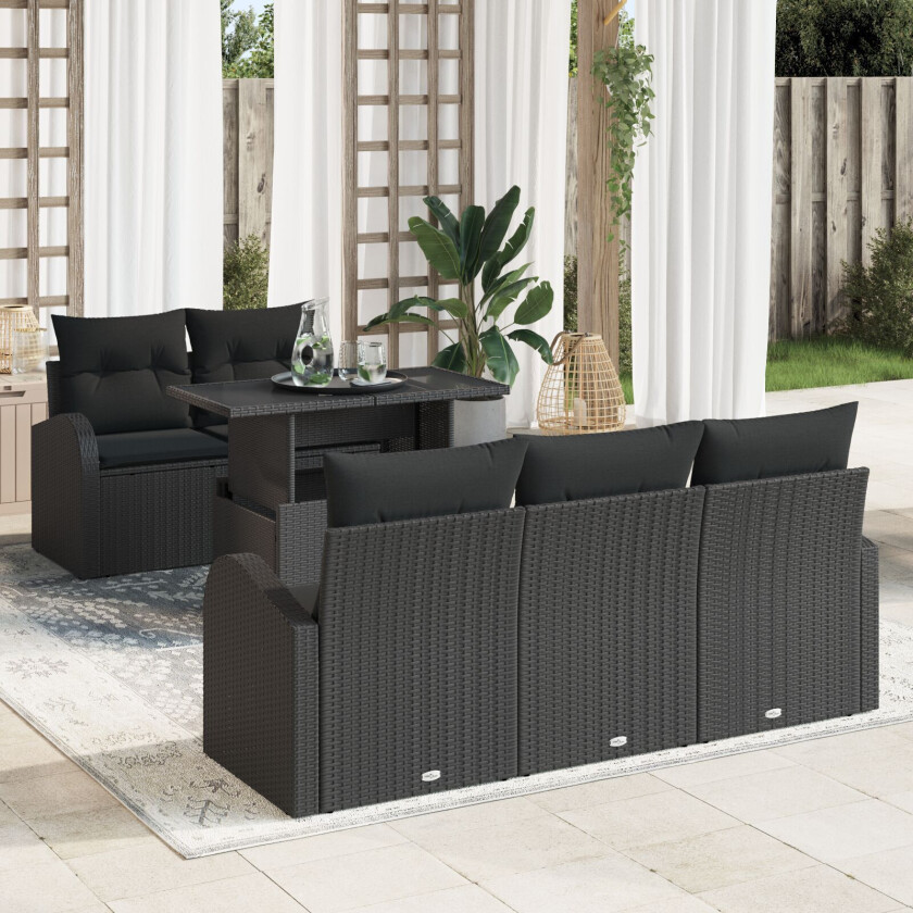 6 Delt Hagesofa Set med Puter Svart Poly Rattan, 2-seters Hagesofa med Oppbevaring & Puter Svart Poly Rattan
