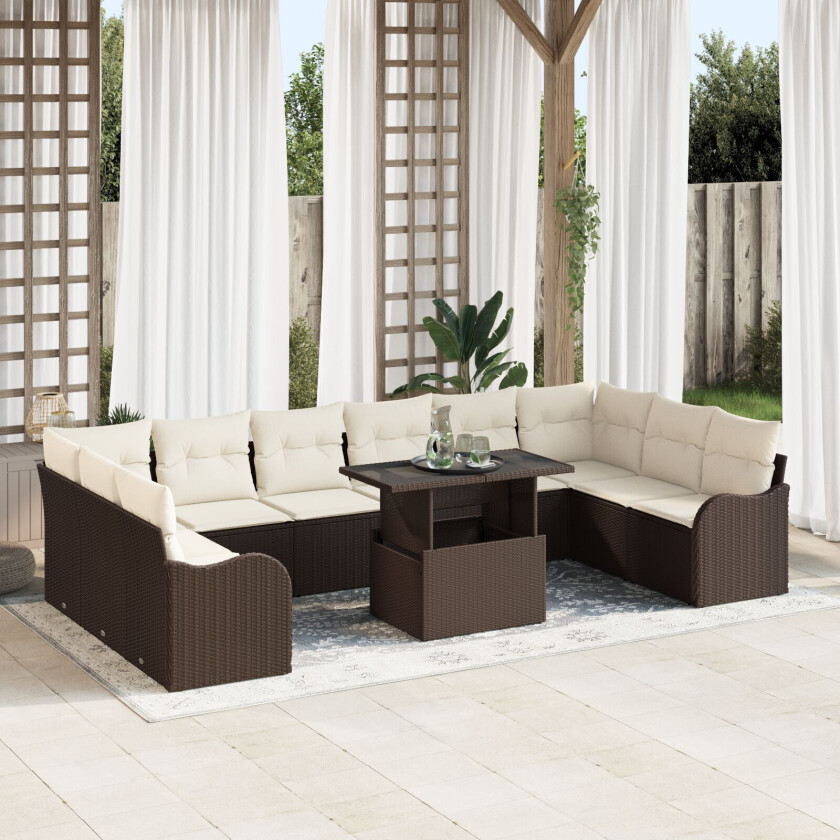 11 Delers Hage Sofa Set med Puter Brun Poly Rattan, 2-seters Hage Sofa med Oppbevaring & Puter Brun Poly Rattan