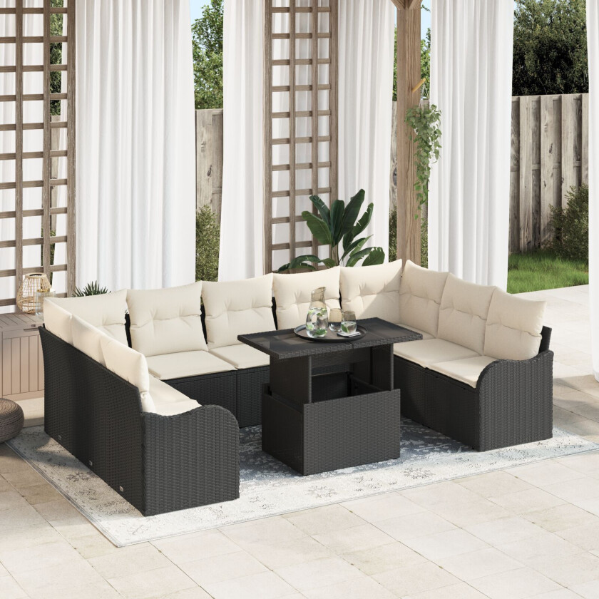 10 Delt Hage Sofa Set Med Puter Svart Poly Rattan, 2-seters Hage Sofa Med Oppbevaring & Puter Svart Poly Rattan