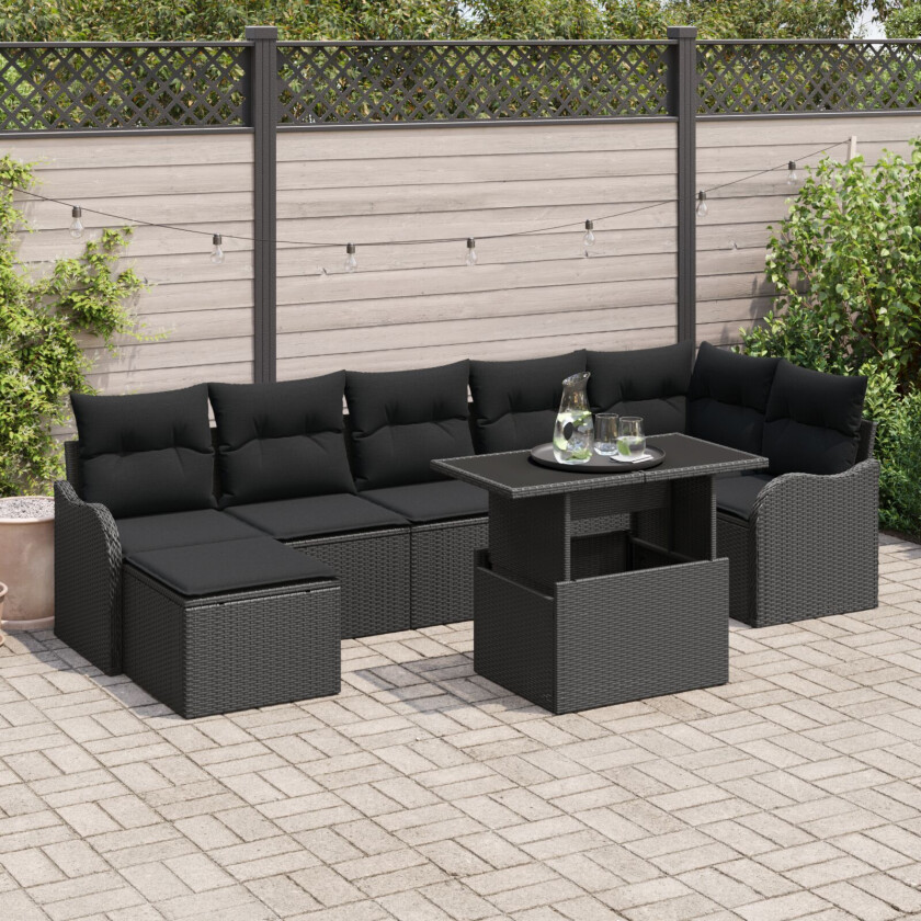 8-Delt Hagesofa Set Med Puter Svart Poly Rattan, 2-seters Hagesofa Med Oppbevaring & Puter Svart Poly Rattan