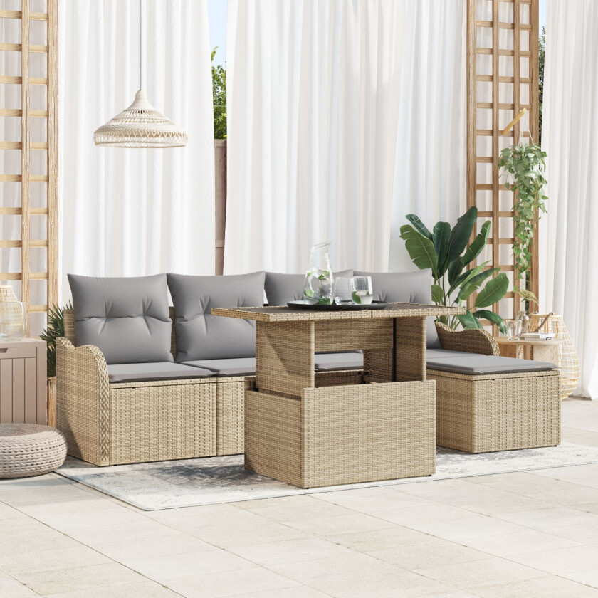 6 Dels Hage Sofa Set Med Puter Beige Poly Rotting, 2-seters Hage Sofa med Oppbevaring og Puter Beige Poly Rotting