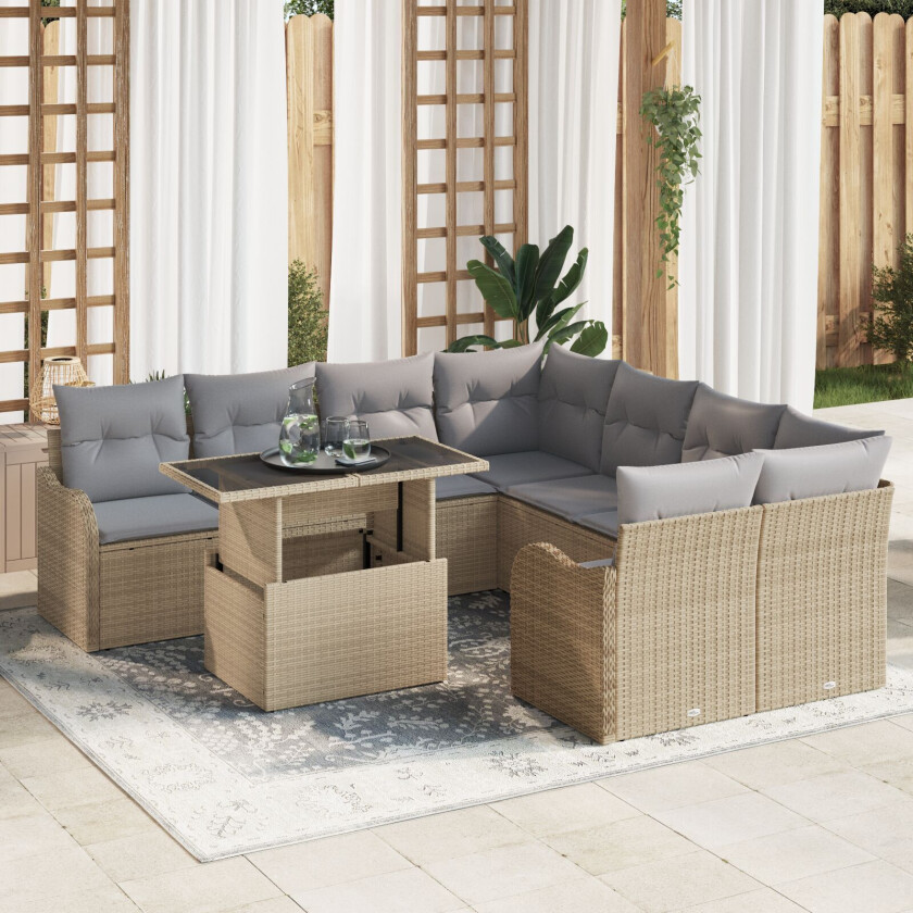 9-delt hagemøbelsett med puter Beige Poly Rattan, 2-seters hage sofa med puter Beige Poly Rattan