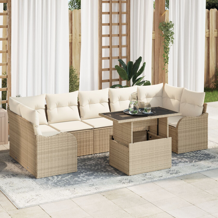 8-delt Hagesofa Sett med Puter Beige Poly Rattan, 2-seters Hagesofa med Oppbevaring & Puter Beige Poly Rattan