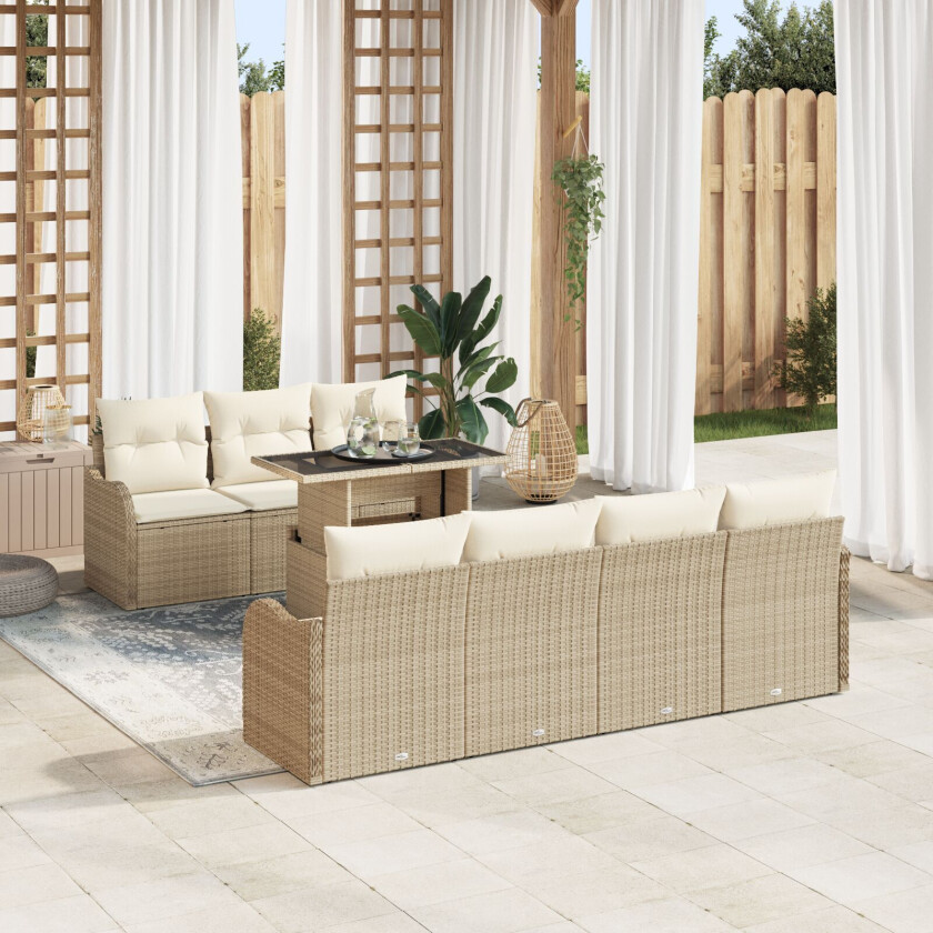8 Delt Hagesofa Set Med Puter Beige Poly Rottinng, 2-seters Hagesofa Med Oppbevaring & Puter Beige Poly Rottinng
