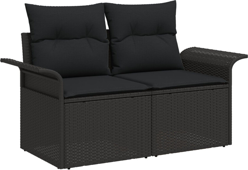 10-delers hagesofa-sett med puter svart polyrotting, 2-seters hagesofa med oppbevaring og puter svart polyrotting