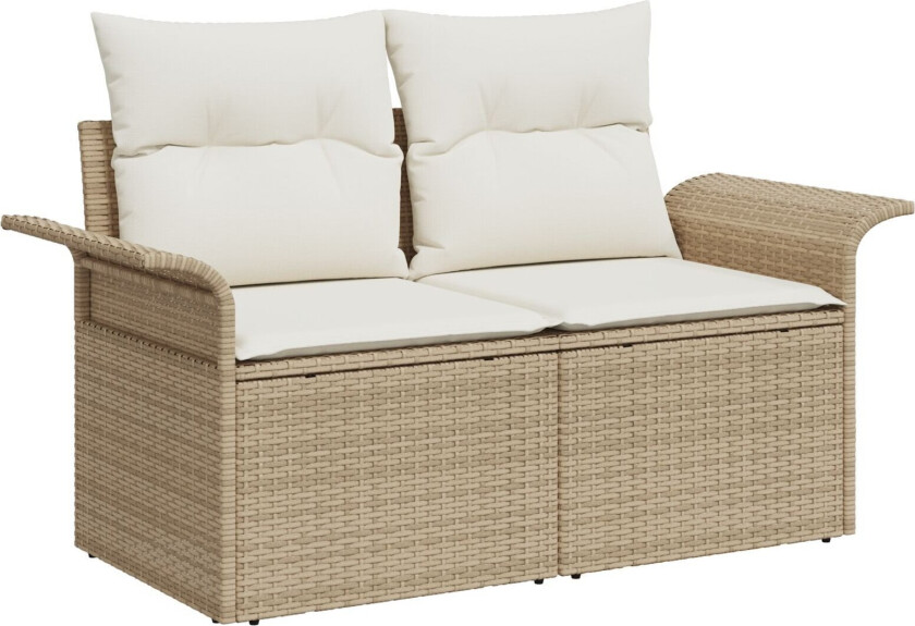 11 deler hagemøbelsett med puter beige poly rattan, 2-seters hagesofa med lagring og puter beige poly rattan