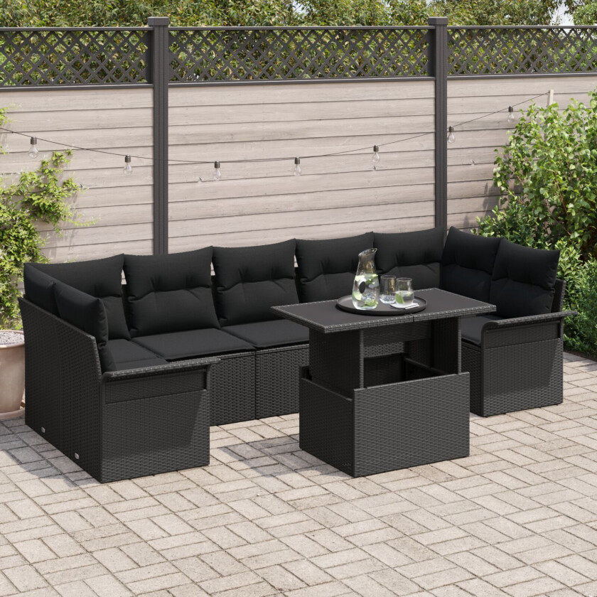 8 Dele Hage Sofa Sett med Puter Svart Poly Rattan, 2-seters Hage Sofa med Oppbevaring & Puter Svart Poly Rattan