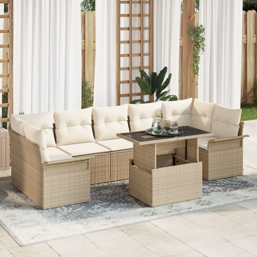 8 Delt Hagesofa Sett med Puter Beige Poly Rattan, 2-seters Hagesofa med Oppbevaring & Puter Beige Poly Rattan