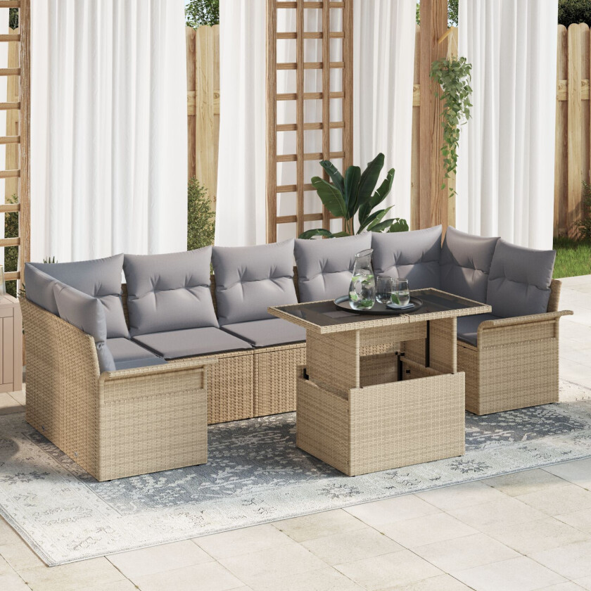 8 delt Hagemøbelsett med Puter Beige Poly Rattan, 2-seters Hagesofa med Oppbevaring & Puter Beige Poly Rattan